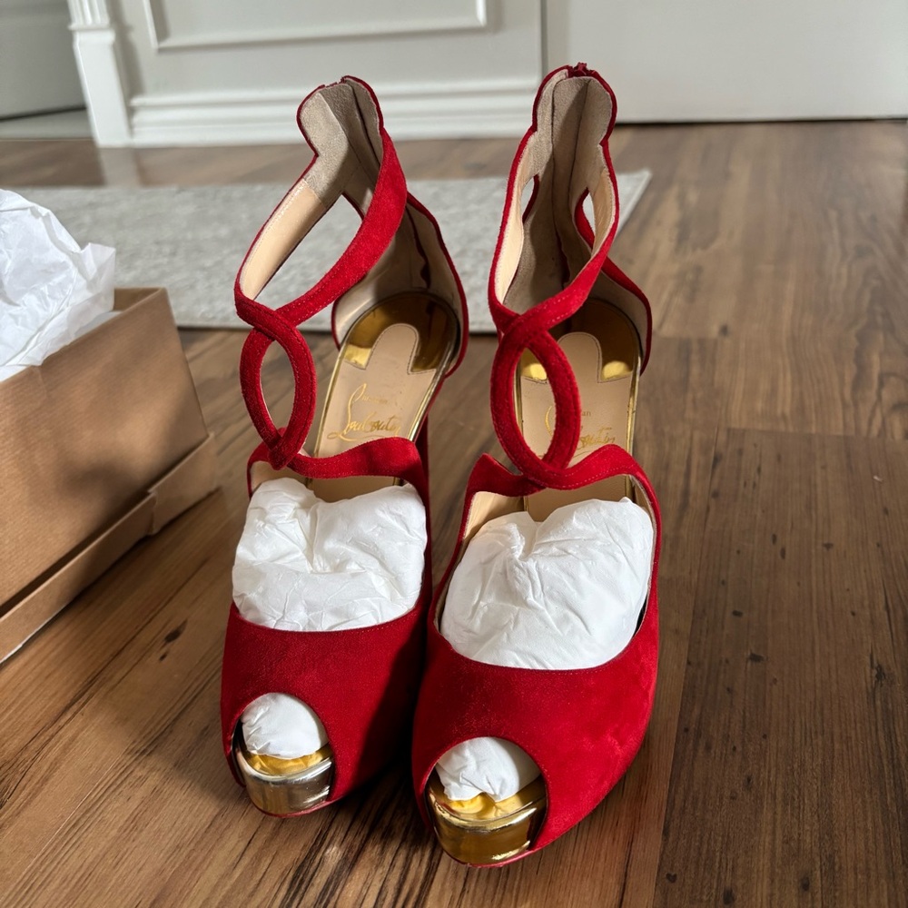 Christian Louboutin ROSIE 120 Suede Platform Pumps Heels Sandals Shoes Red 36.5 - Picture 7 of 8